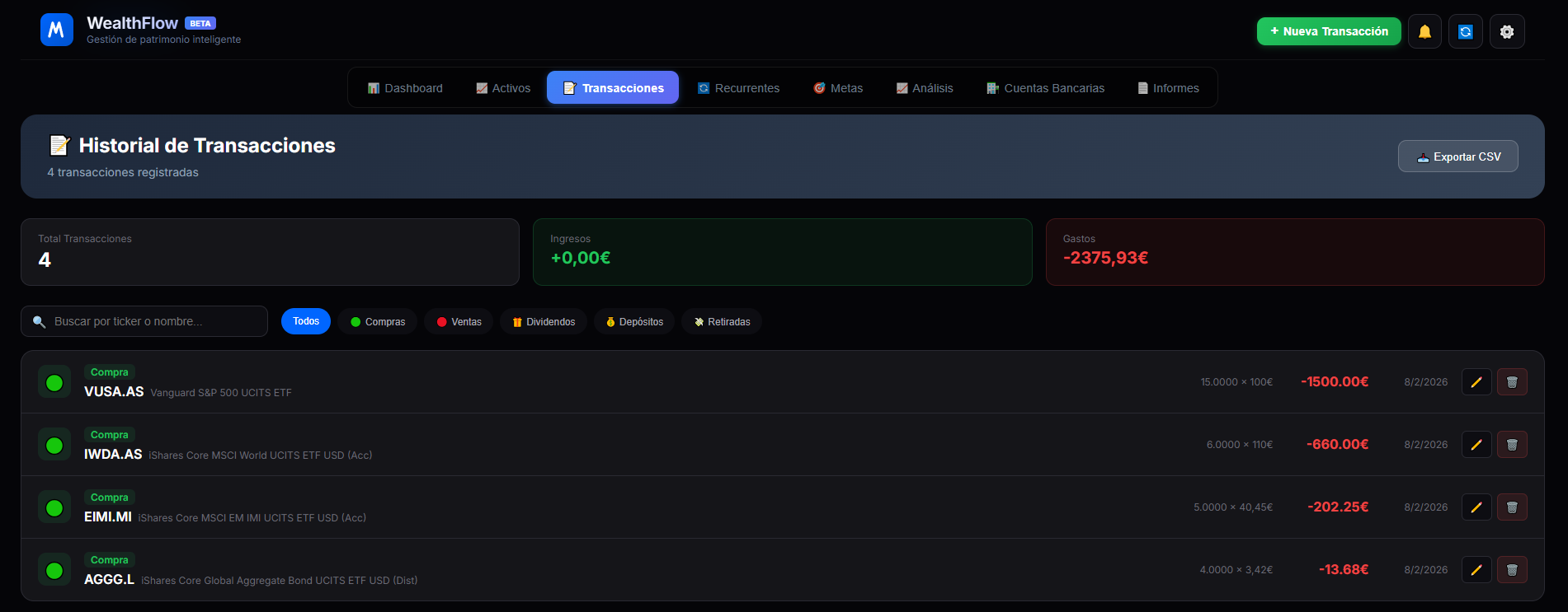 WealthFlow Transacciones - Historial de operaciones